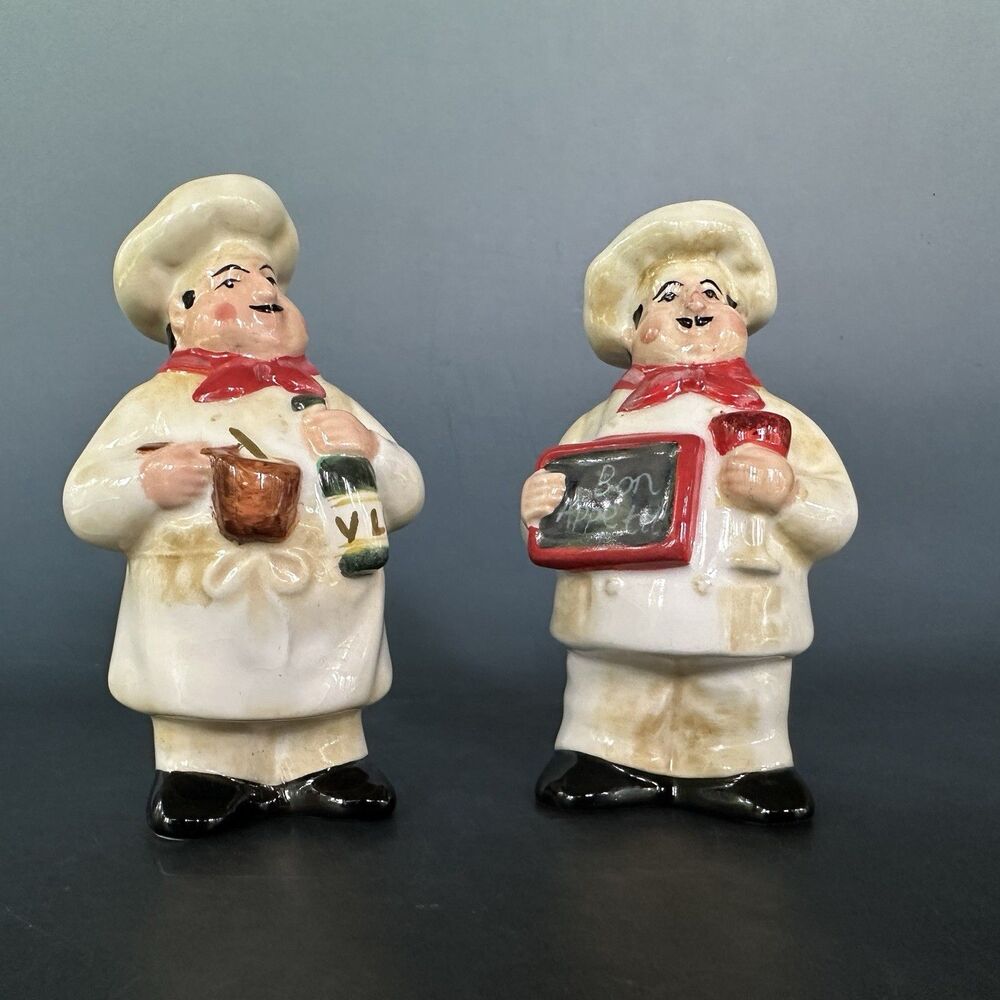 Vintage Chef Salt Pepper Shakers French Bistro Bon Appetit Kitchen Decor Set 4”